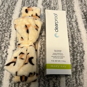 Mary Kay deep cleansing charcoal mask with cheetah print hair wrap